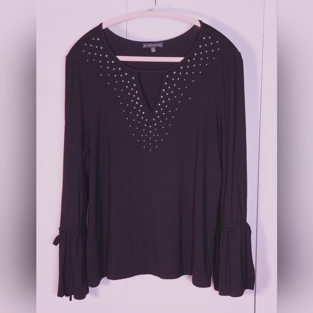 Adrianna Papell Bell Sleeve Studded Knit Top Size XL Keyhole Neck Flowy Romantic